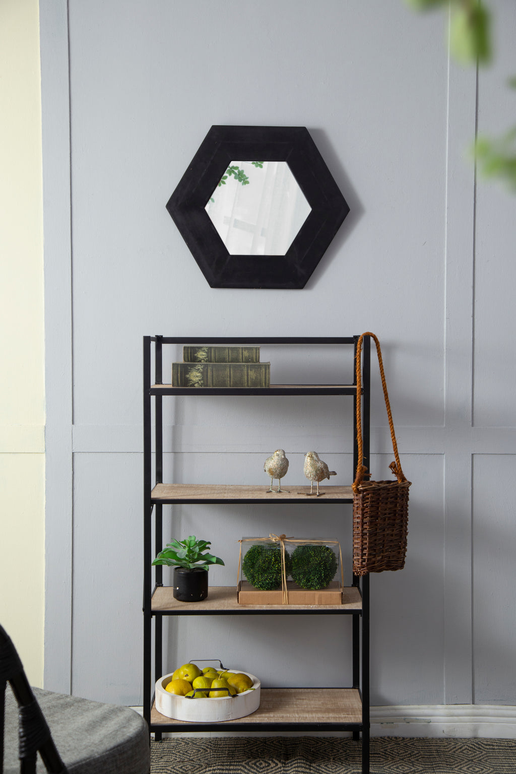 Leoglint 18.5" x 18.5" Hexagon Mirror with Solid Wood Frame, Wall Decor for Living Room Bathroom Hallway, Black