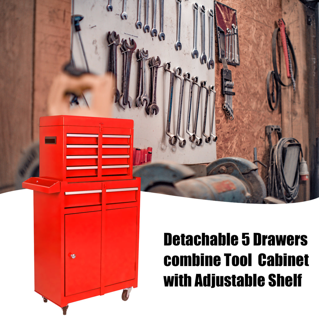 Leoglint Detachable 5 Drawer Tool Chest with Bottom Cabinet and One Adjustable Shelf--Red