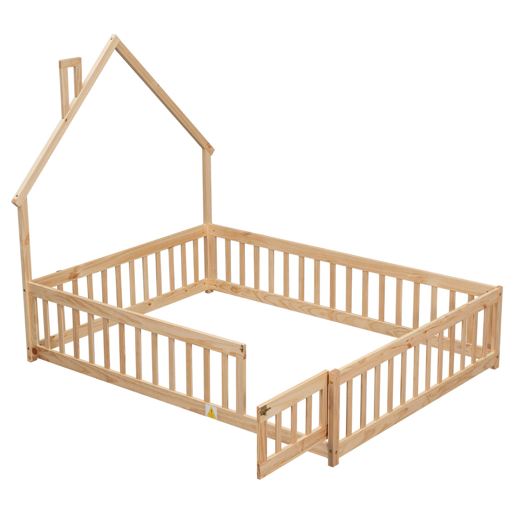 Leoglint Bed Frame Full House-Shaped Headboard Floor Bed with Fence,Natural