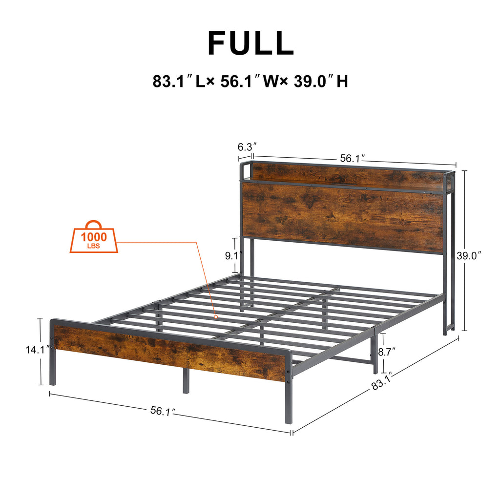 Leoglint Bed frame with charging station full size, Rustic Brown, 83.1'' L x 56.1'' W x 39'' H