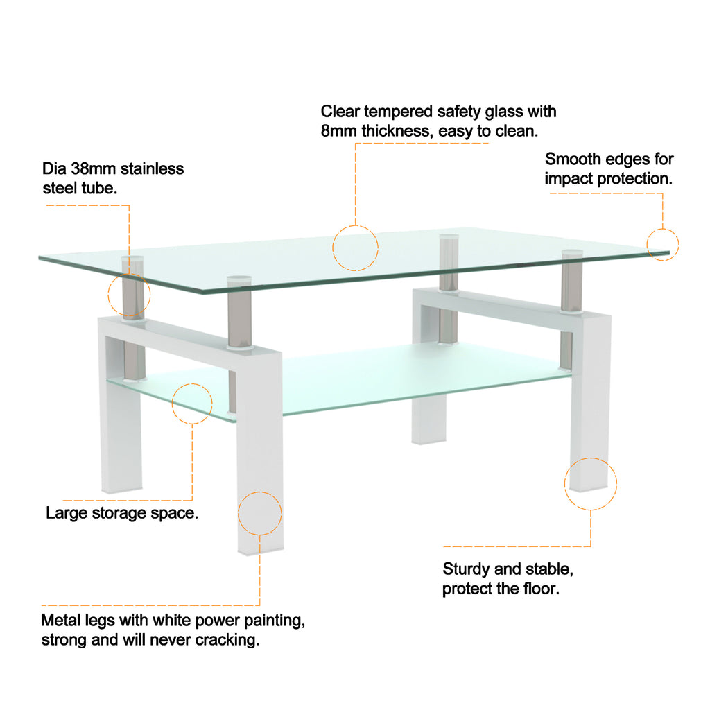 Leoglint White Coffee Table, Clear Coffee Table, Modern Side Center Tables for Living Room, Living Room Furniture