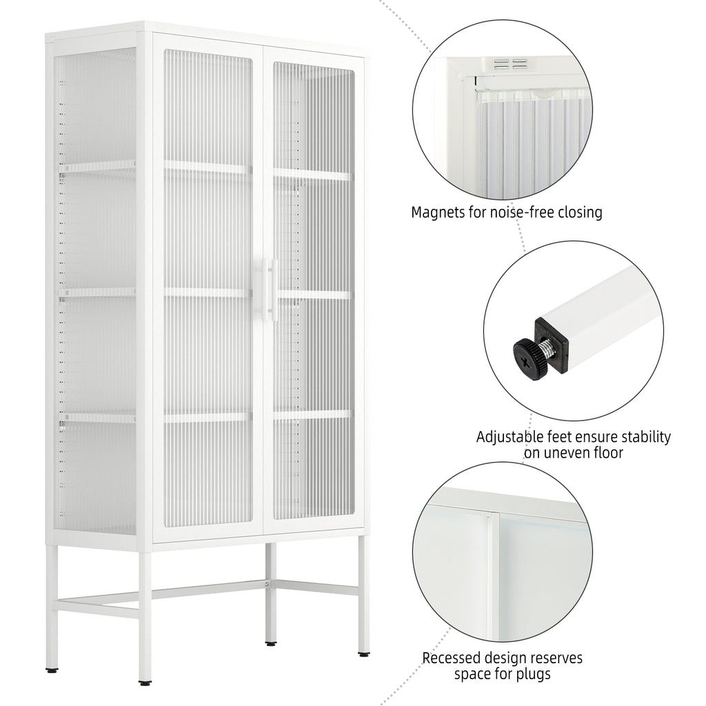 Leoglint Double Glass Door Storage Cabinet with Adjustable Shelves and Feet Cold-Rolled Steel Sideboard Furniture for Living Room Kitchen White