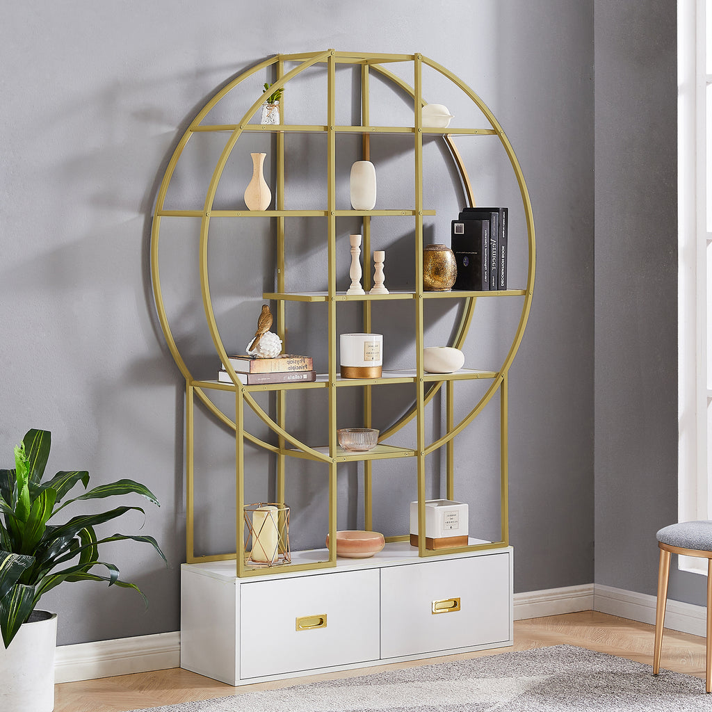 Leoglint 70.8 Inch Round Office Bookcase Bookshelf, Display Shelf, Two Drawers, Gold Frame