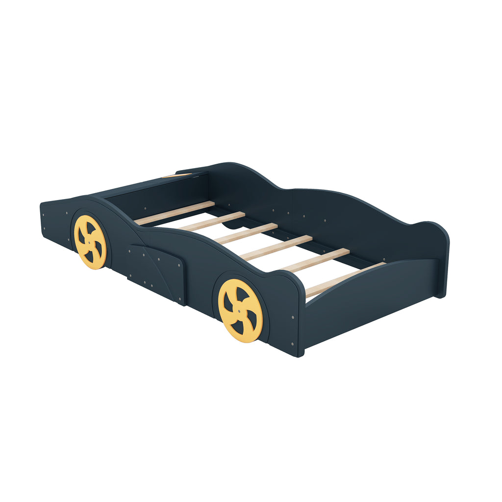 Leoglint Twin Size Race Car-Shaped Platform Bed Frame with Wheels and Storage, Dark Blue+Yellow