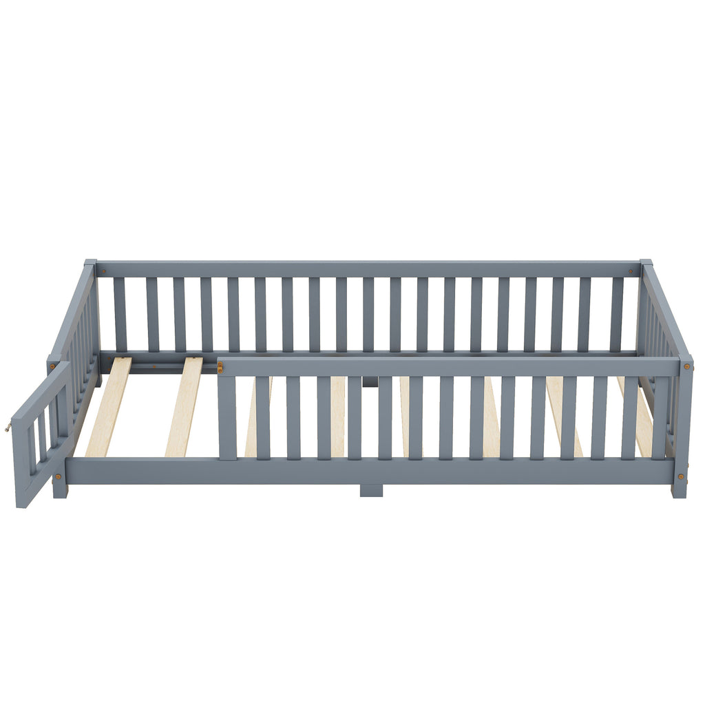 Leoglint Twin Size Bed Floor Bed Frame with Safety Guardrails and Door for Kids, Gray(Old SKU: W158090685)