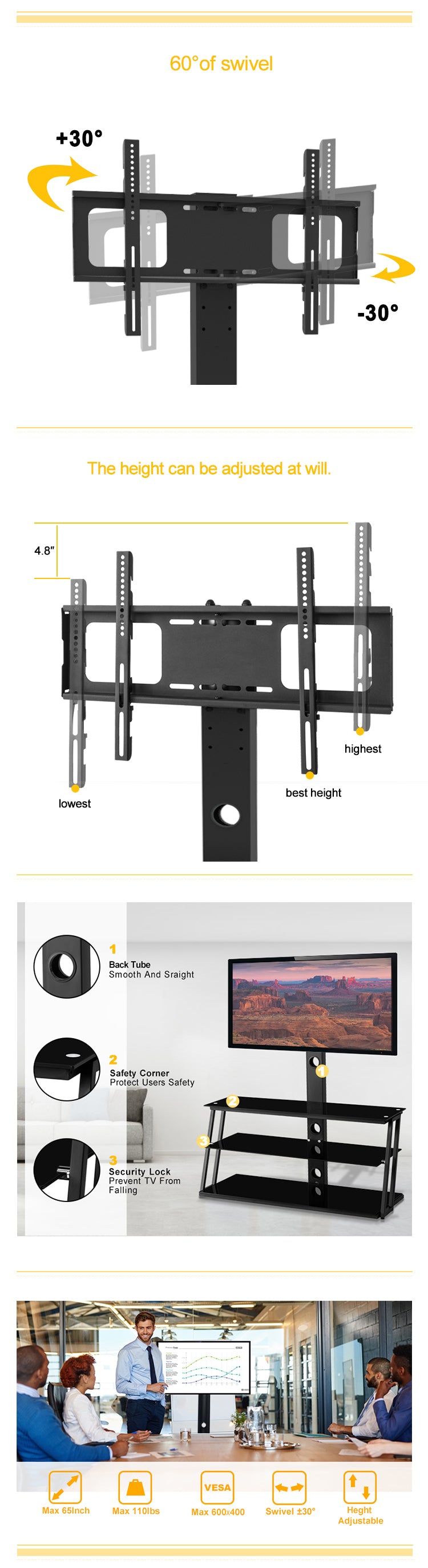 Leoglint Black Multi-Function Angle And Height Adjustable Tempered Glass  TV Stand