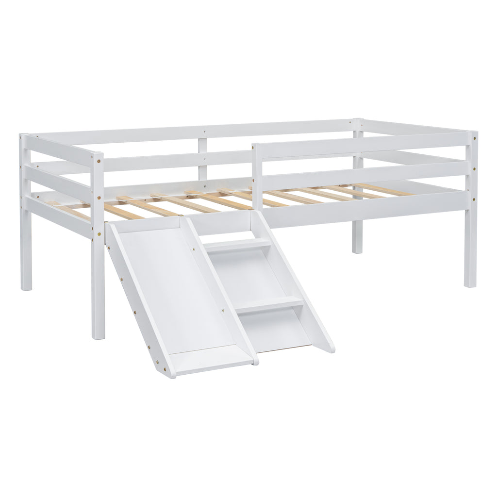 Twin Low Loft Bed Frame with Slide,  Ladder, Safety Guardrails, No Box Spring Needed,White