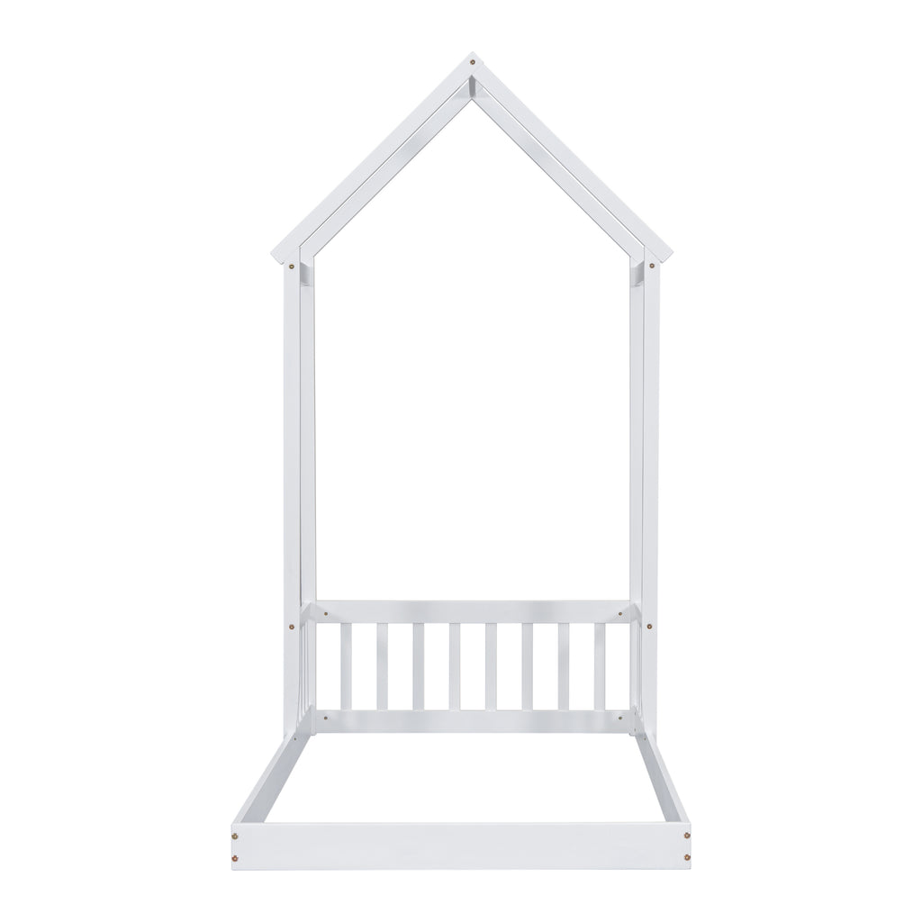 Twin House-shaped Roof Headboard Floor Bed Frame,,(without slats),White