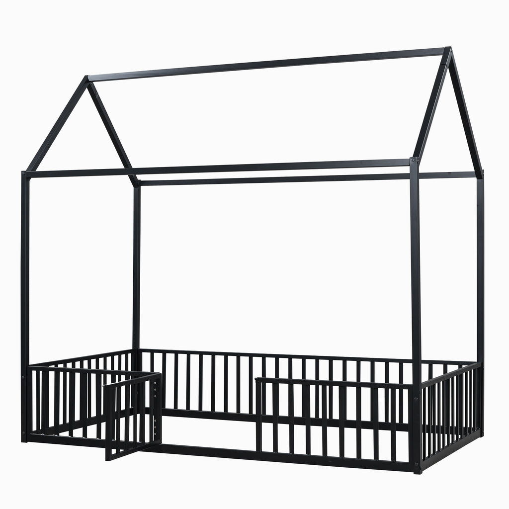 Leoglint Twin Size Metal House Bed Frame with Fence and Door, Black