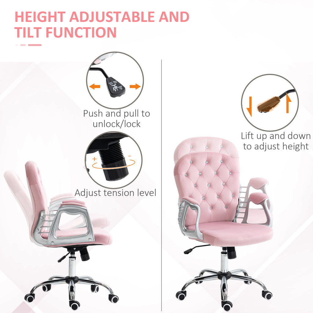 Leoglint Vinsetto Velvet Home Office Chair, Button Tufted Desk Chair with Padded Armrests, Adjustable Height and Swivel Wheels, Pink