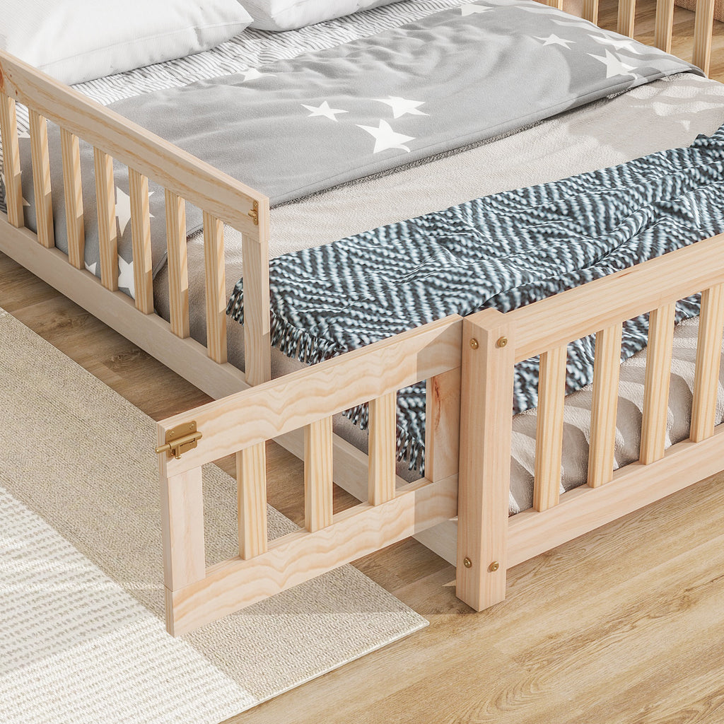 Leoglint Bed Frame Full House-Shaped Headboard Floor Bed with Fence,Natural