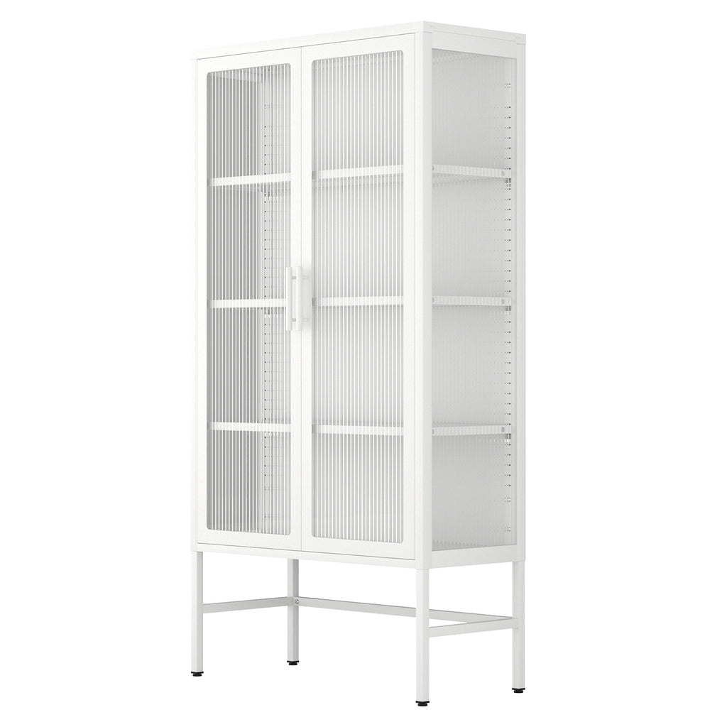 Leoglint Double Glass Door Storage Cabinet with Adjustable Shelves and Feet Cold-Rolled Steel Sideboard Furniture for Living Room Kitchen White