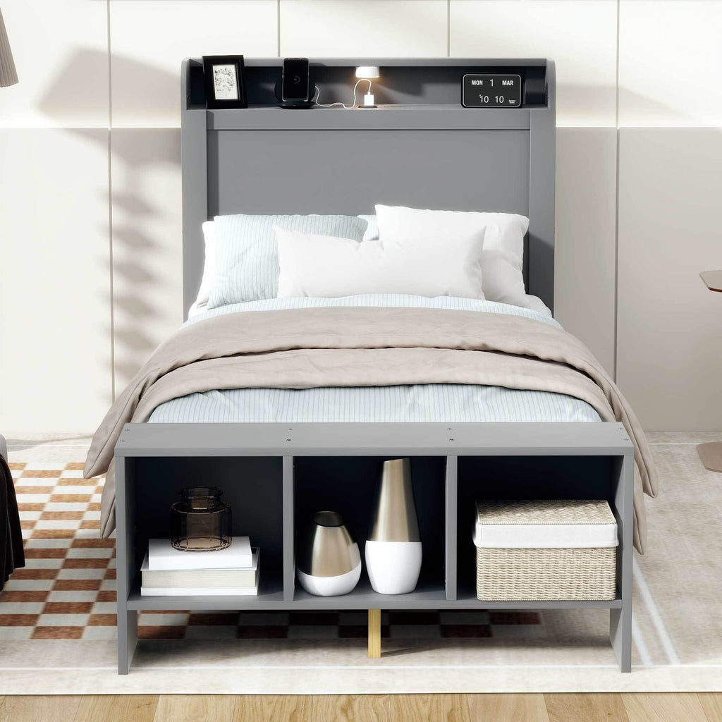 Leoglint Twin Size Platform Bed Frame with built-in shelves, LED Light and USB ports, Gray