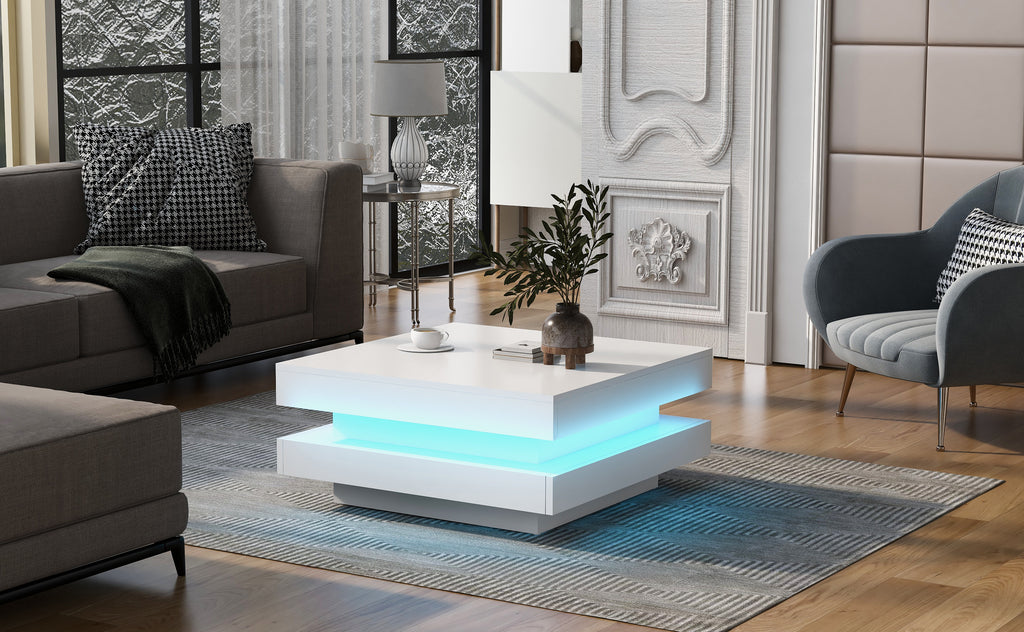 Leoglint ON-TREND High Gloss Minimalist Design with LED Lights, 2-Tier Square Coffee Table, Center Table for Living Room, 31.5''x31.5''x14.2'', White