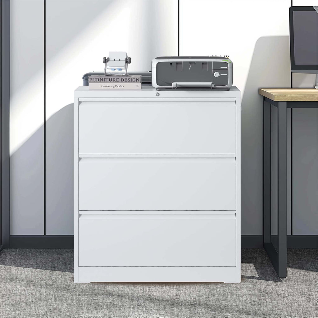 Leoglint Lateral File Cabinet 3 Drawer, White Filing Cabinet with Lock, Lockable File Cabinet for Home Office, Locking Metal File Cabinet for Legal/Letter/A4/F4 Size