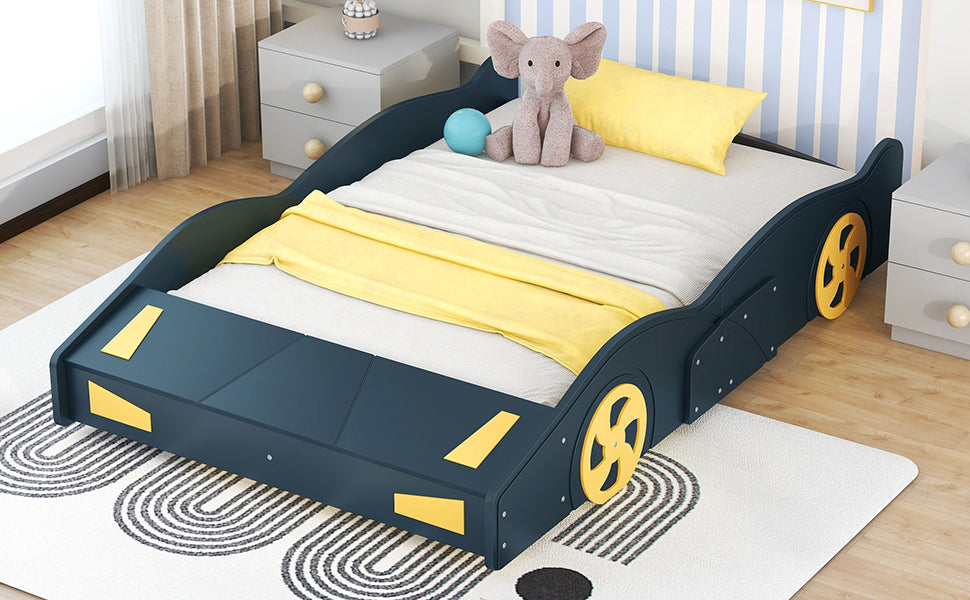 Leoglint Bed Frame Full Size Race Car-Shaped Platform Bed with Wheels and Storage, Dark Blue+Yellow