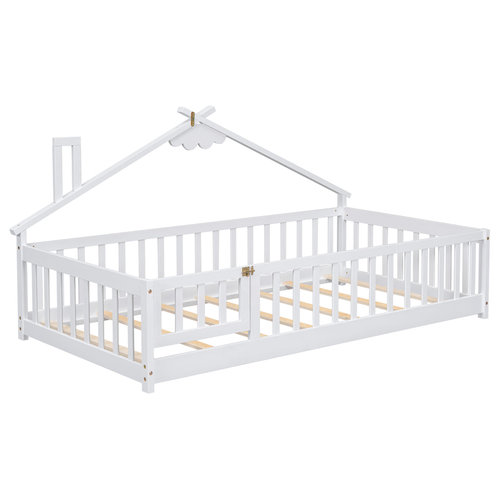 Twin House-Shaped Bedside Floor Bed Frame with Guardrails, Slats, with Door,White