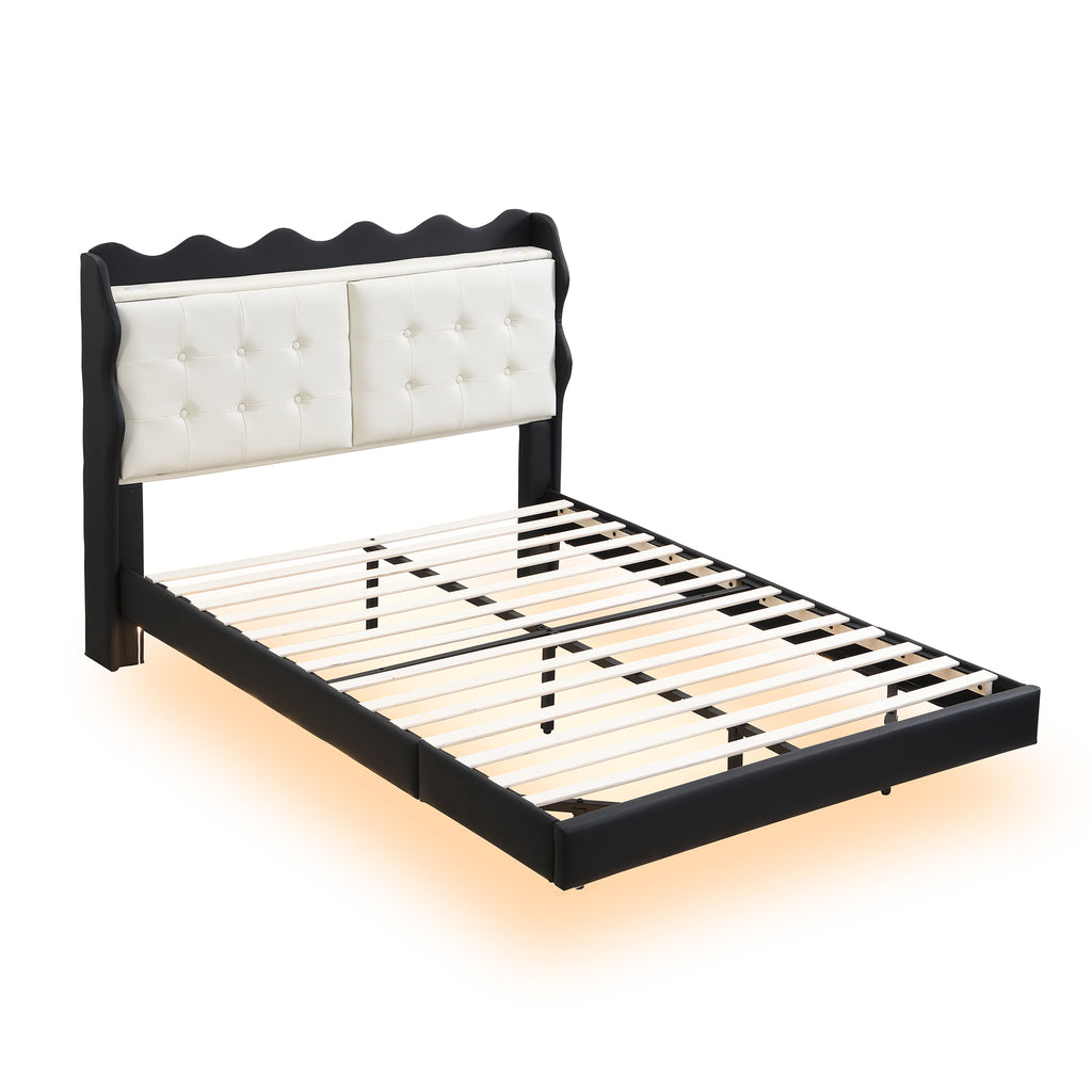 Leoglint Full Size Upholstery Platform Bed Frame with LED Light Strips and Built-in Storage Space,Black