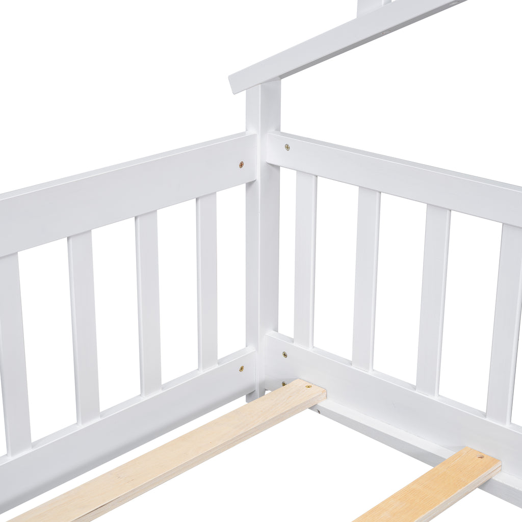 Twin House-Shaped Bedside Floor Bed Frame with Guardrails, Slats, with Door,White