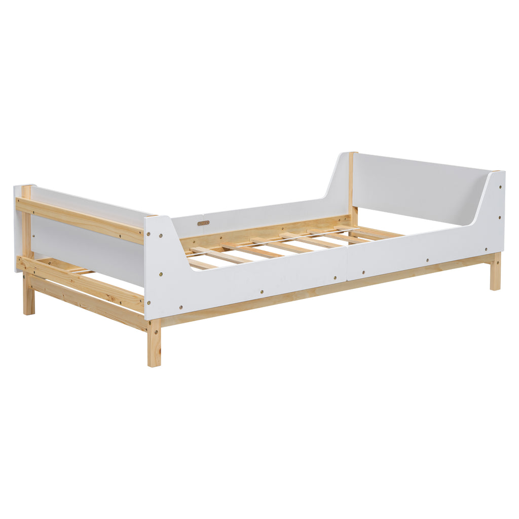 Twin Bed Frame with Headboard, Footboard, Safeguards,  Built-in Bed-end Book Storage Rack ,White