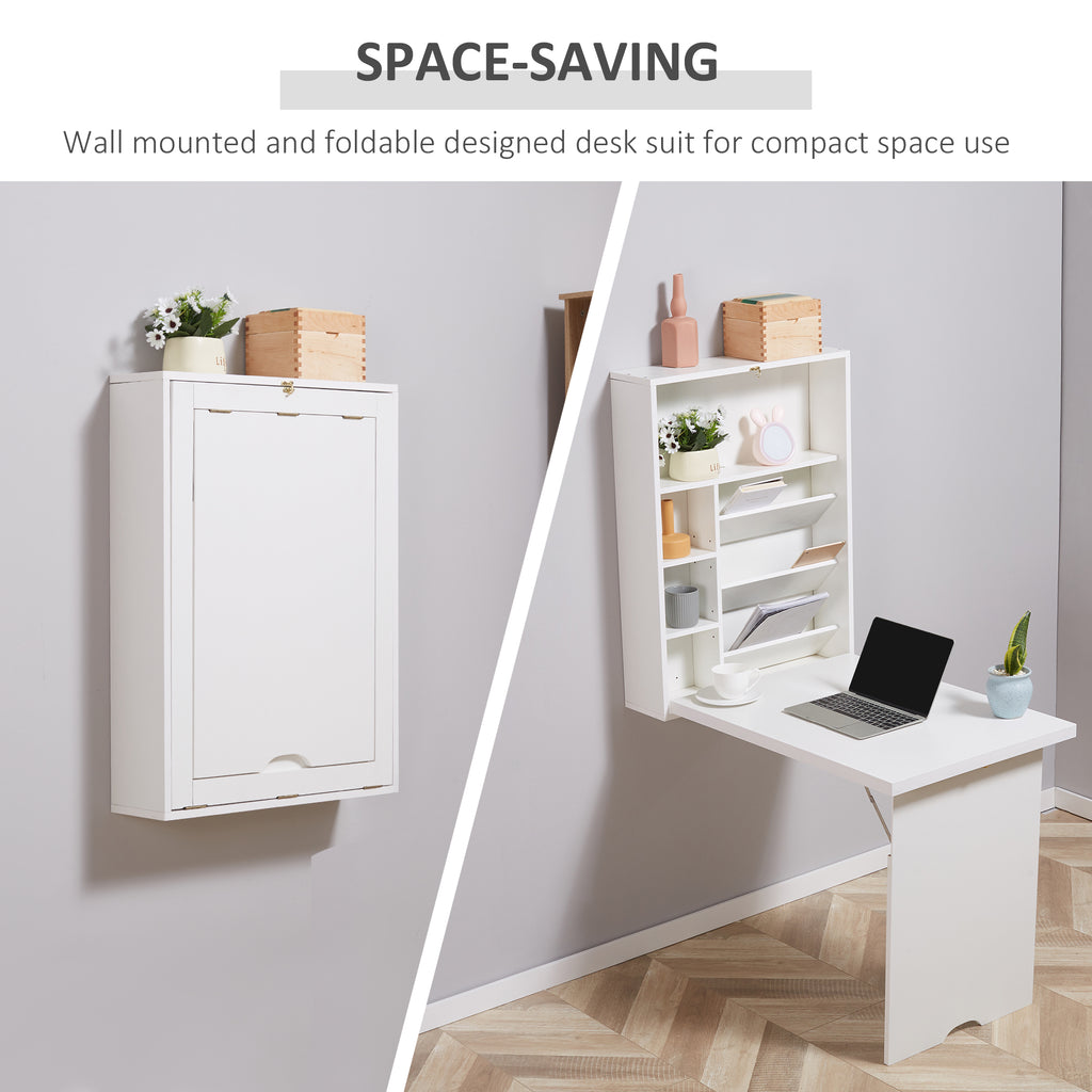 Leoglint Wall Mounted Fold Out Convertible Office Desk, Multi-Function Floating Desk with Storage Shelf for Home Office, White