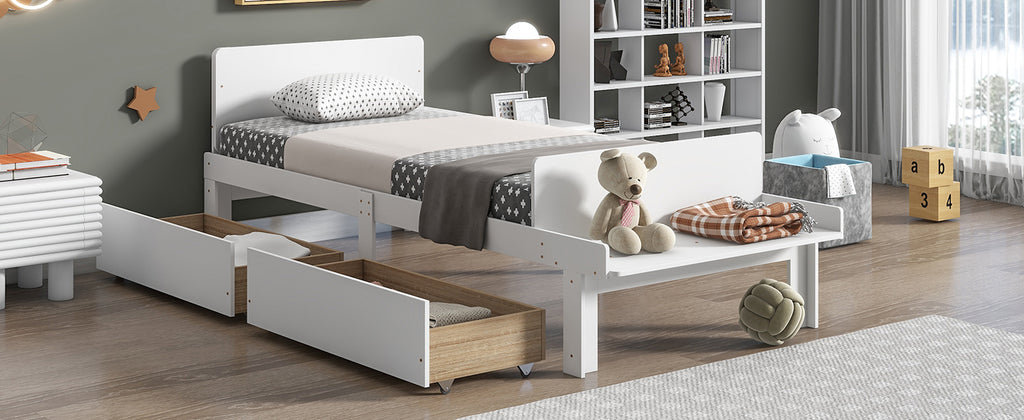 Twin Bed Frame with Footboard Bench,2 drawers,White