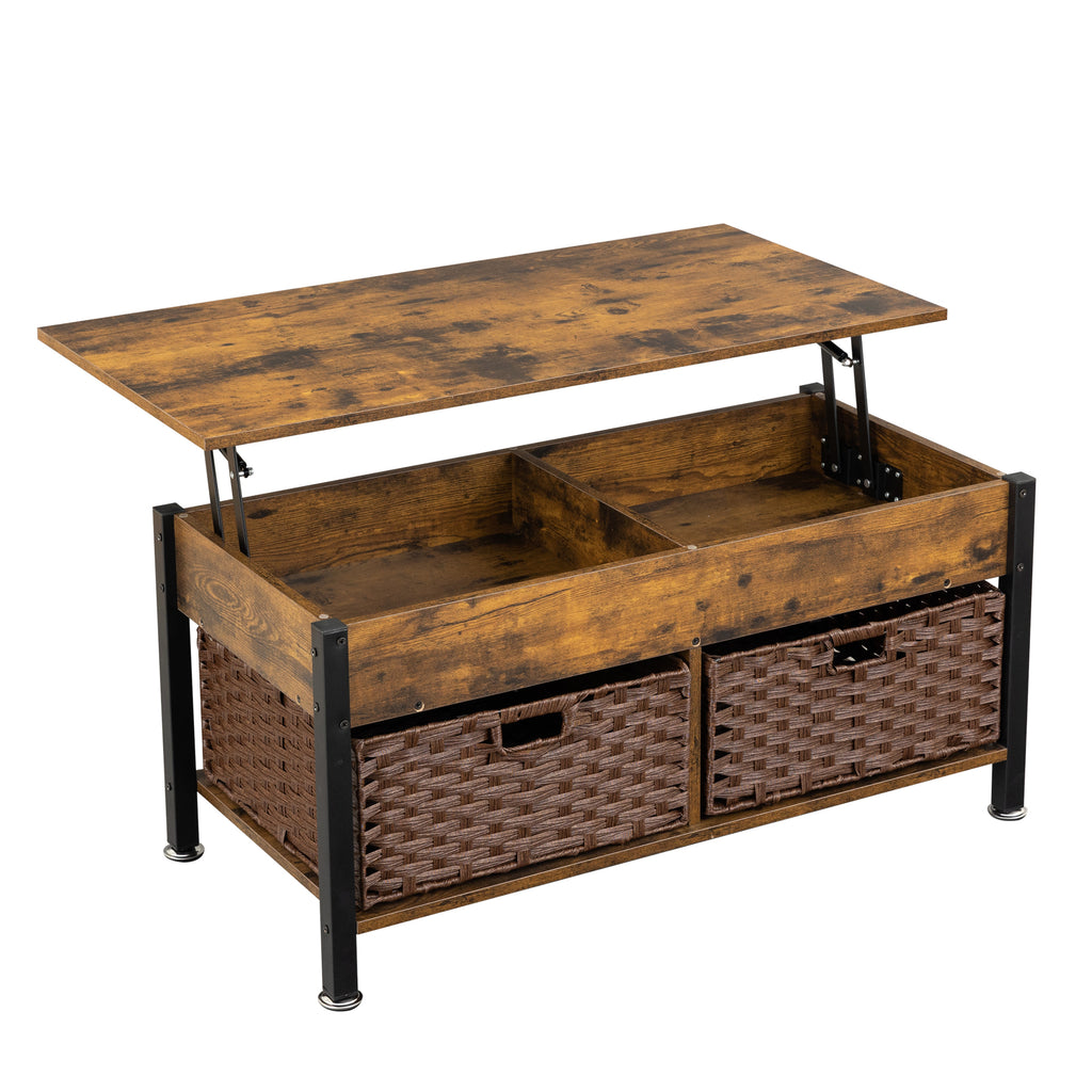 Leoglint Metal coffee table,desk,with a lifting table,and hidden storage space.There were two removable wicker baskets that could be placed in any space such as the living room,color:brown with fire wood grain