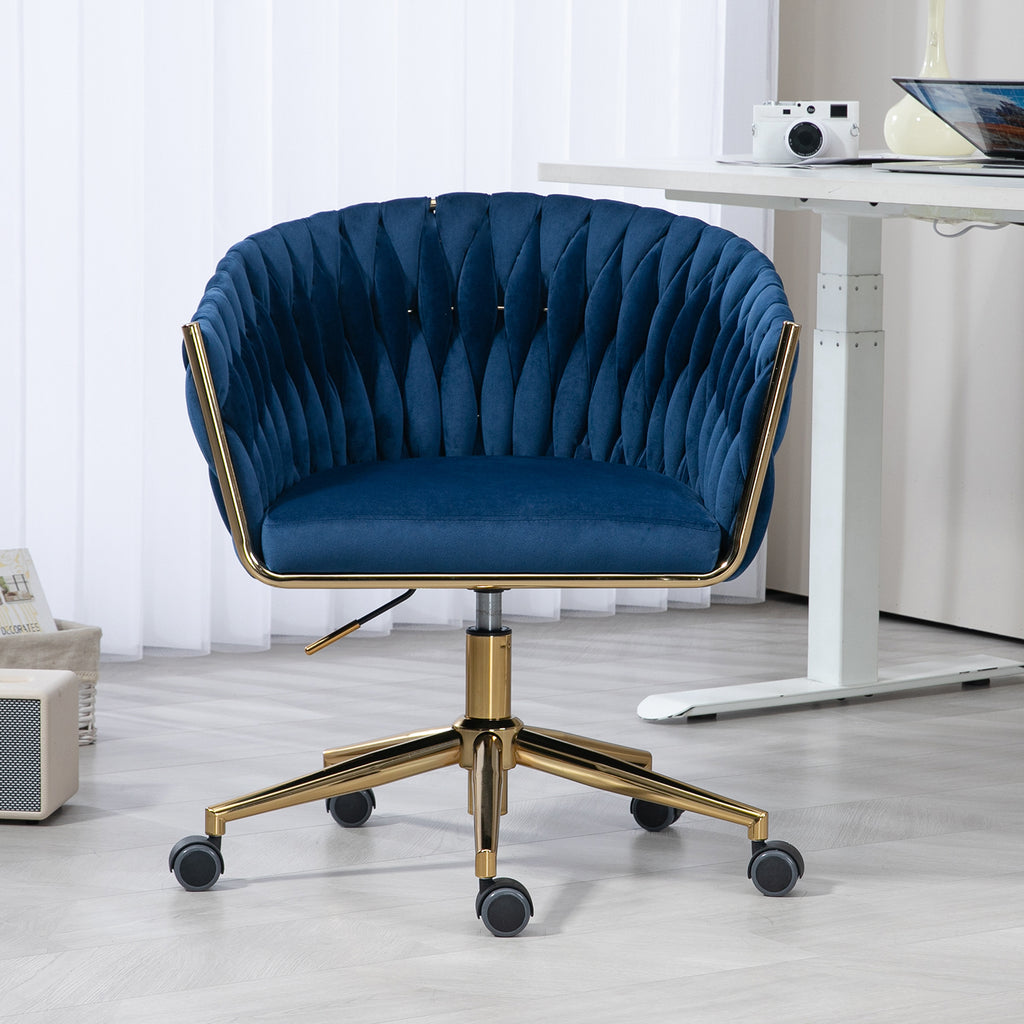 Leoglint Modern design the backrest is hand made woven Office chair,Vanity chairs with wheels,Height adjustable,360° swivel for bedroom, living room(BLUE)