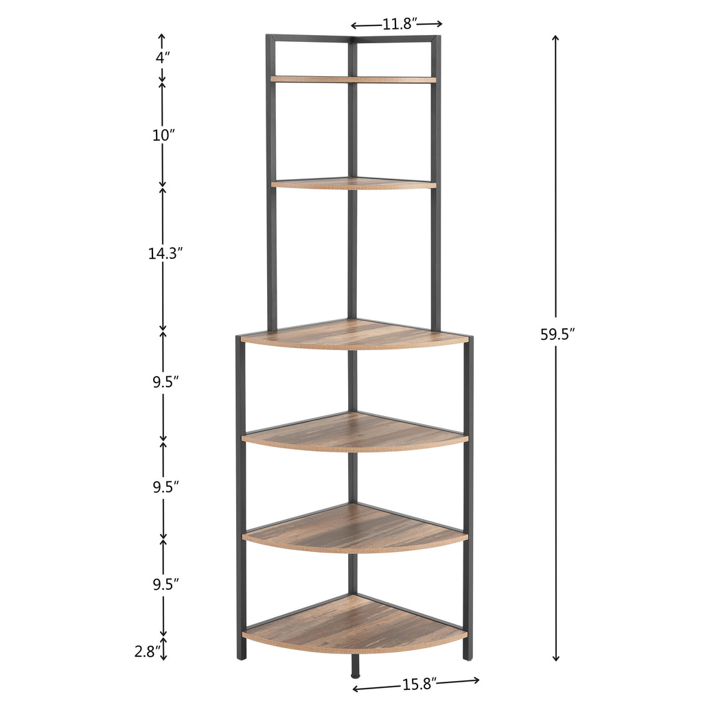 Leoglint 6-Tier Corner Open Shelf Modern Bookcase Wood Rack Freestanding Shelving Unit,Plant Album Trinket Sturdy Stand Small Bookshelf Space-Saving for Living Room Home Office Kitchen Small Space Rustic Brown