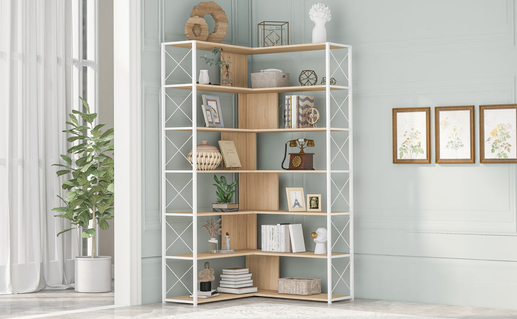 Leoglint 7-Tier Bookcase Home Office Bookshelf,  L-Shaped Corner Bookcase with Metal Frame, Industrial Style Shelf with Open Storage, MDF Board