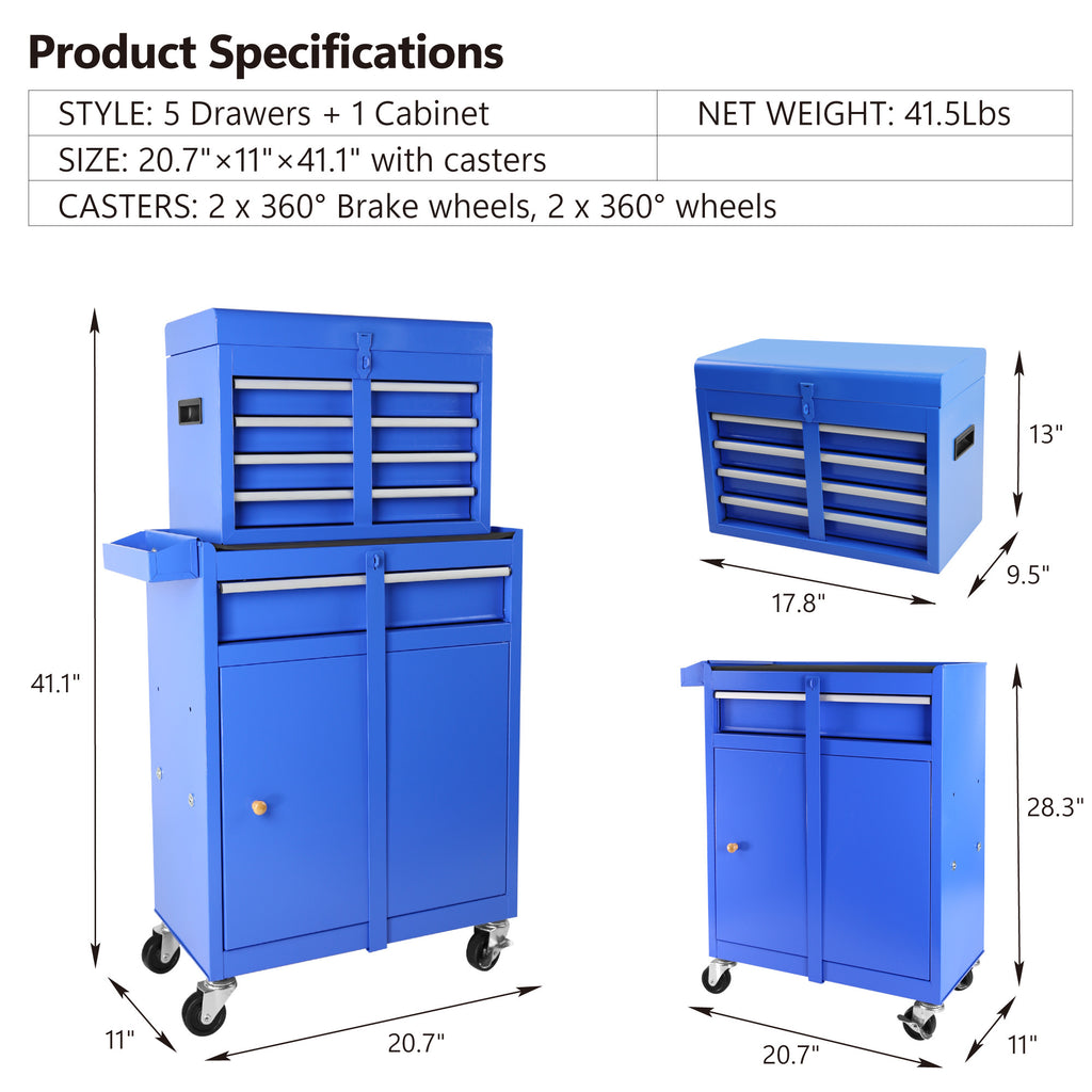 Leoglint 5-Drawer Rolling Tool Chest, High Capacity Tool Storage Cabinet W/Lockable Wheels, Adjustable Shelf & Anti-Slip Liner, Detachable Tool Box Organizer, Rolling Tool Cabinet