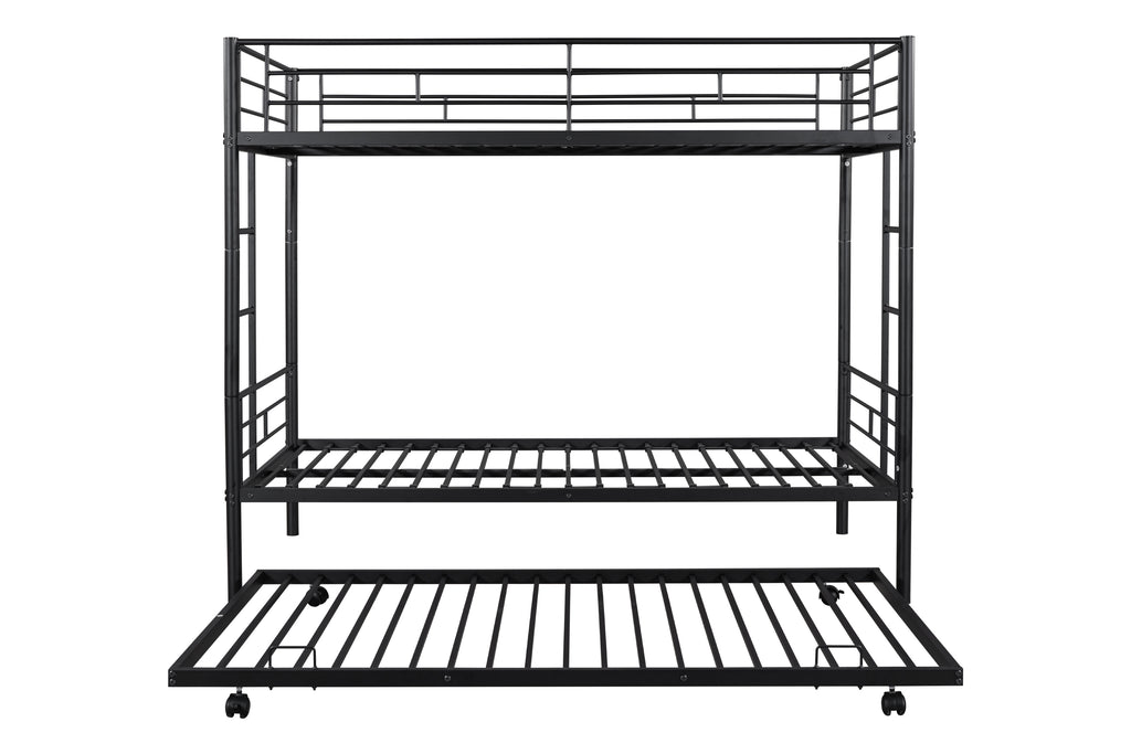 Metal Twin over Twin Bunk Bed Frame with Trundle/Can Be Separated into 2 Twin Beds/ Heavy-duty Sturdy Metal/ Noise Reduced/ Safety Guardrail/ Trundle for Flexible Space/ Bunk Bed for Three/ CPC Certified