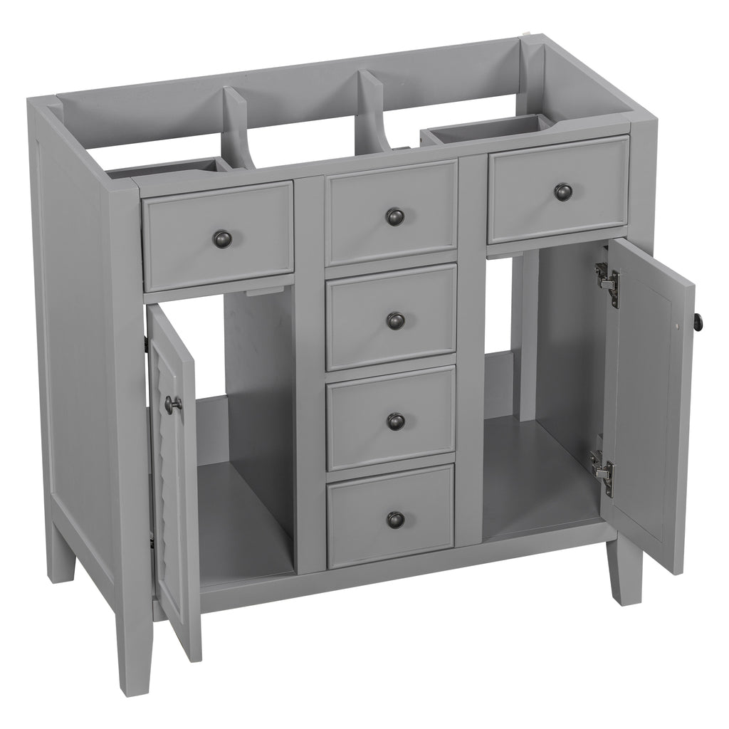 Leoglint 36" Bathroom Vanity without Sink, Cabinet Base Only, Two Cabinets and Five Drawers, Solid Wood Frame, Grey