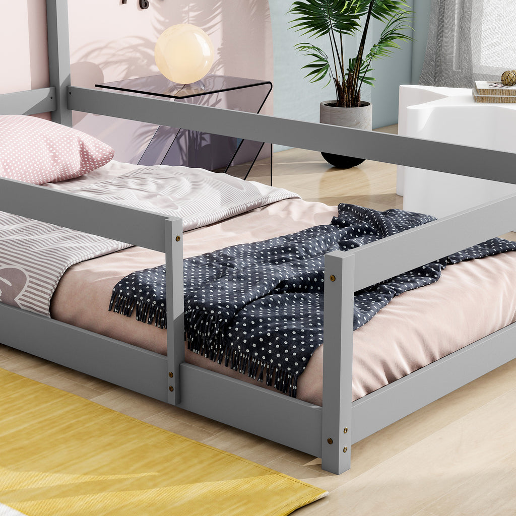 Twin Size Wood bed Frame with House-shaped Headboard Floor bed with Fences,Grey