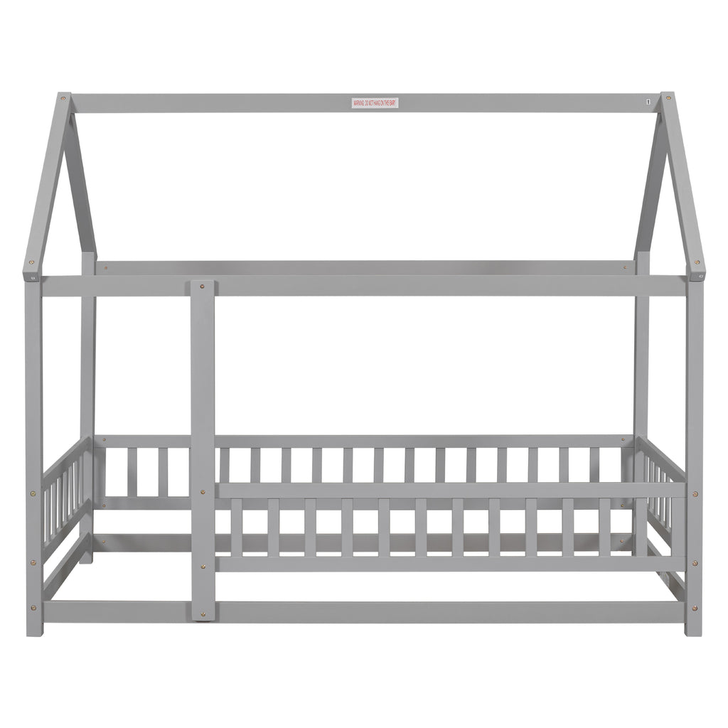 Leoglint Twin Size Floor Wooden Bed Frame with House Roof Frame, Fence Guardrails,Grey(Old SKU:W1791106614)