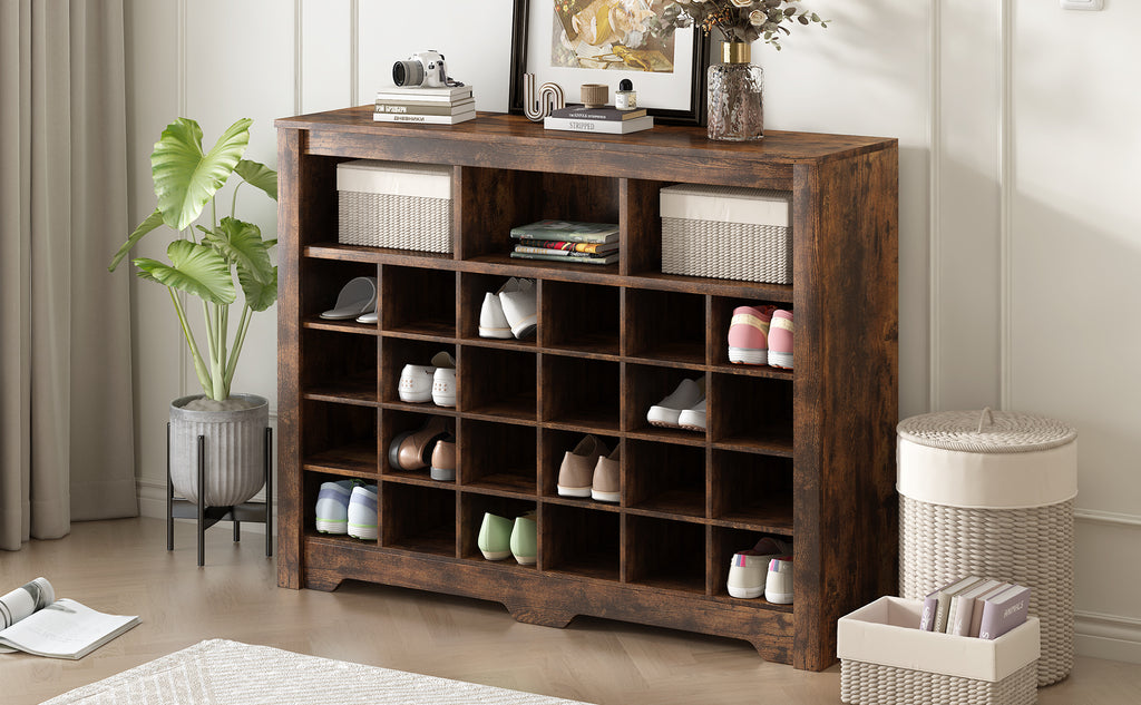 Leoglint ON-TREND Sleek Design 24 Shoe Cubby Console, Modern Shoe Cabinet with Curved Base, Versatile Sideboard with High-quality for Hallway, Bedroom, Living Room, Rustic Brown