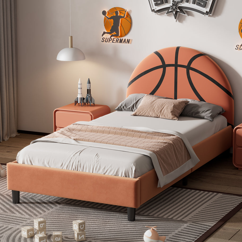 Leoglint Bed Frame Basketball Design Upholstered Twin Platform Bed Sport Style Bed for Boys & Girls, Teens, Orange