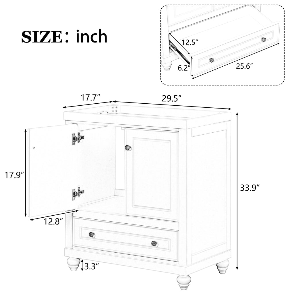 Leoglint 30" Bathroom Vanity without Sink, Base Only, Cabinet with Doors and Drawer, Solid Frame and MDF Board, White