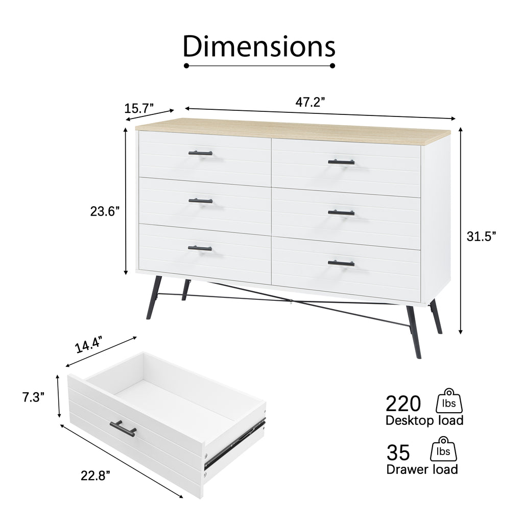 Leoglint 6 Drawer Chest Drawer Dresser for Bedroom with Deep Drawers, Wood Dressers & Chest of Drawers, Modern White Long Dressers for Closet Living Room, 47.2"W x 15.7"D x 31.5"H, White & oak