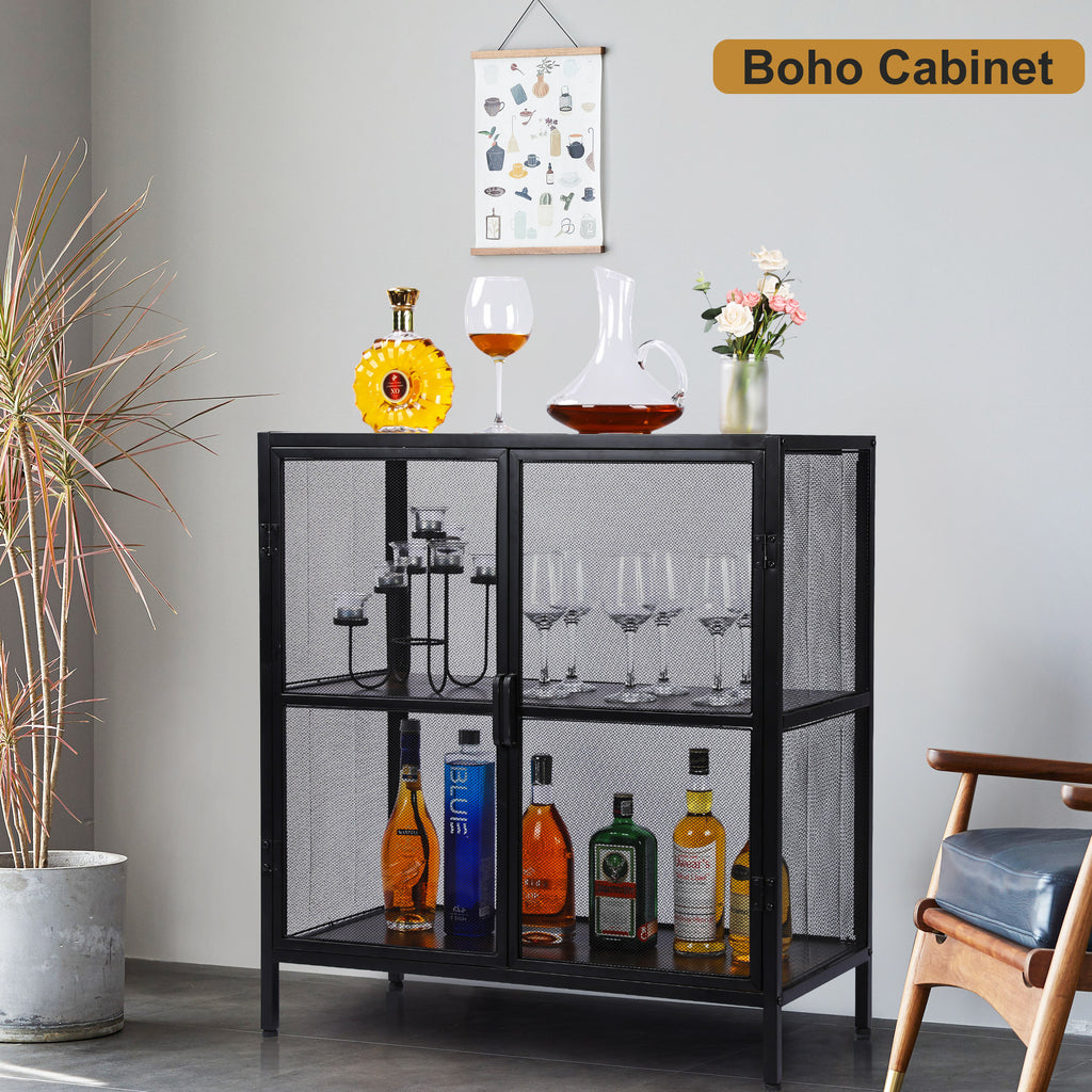 Leoglint Sideboard Buffet Kitchen Storage Cabinet with Mesh Doors and Shelves, Wine Liquor Cabinet, Cupboard Console Table, 31.5W x 15.75D x 34.3H, Black/Antique