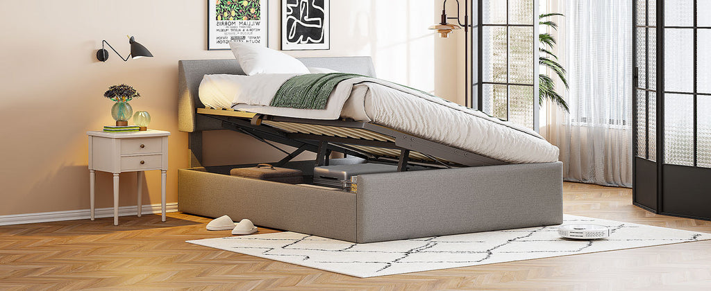 Leoglint Full Size Sleigh Bed Frame with Side-Tilt Hydraulic Storage System, Linen Upholstery, Gray