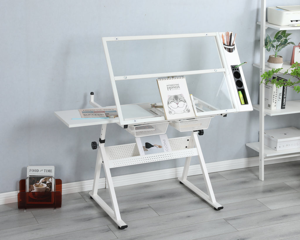 Leoglint WHITE Office desk adjustable tempered glass drafting printing table with chair