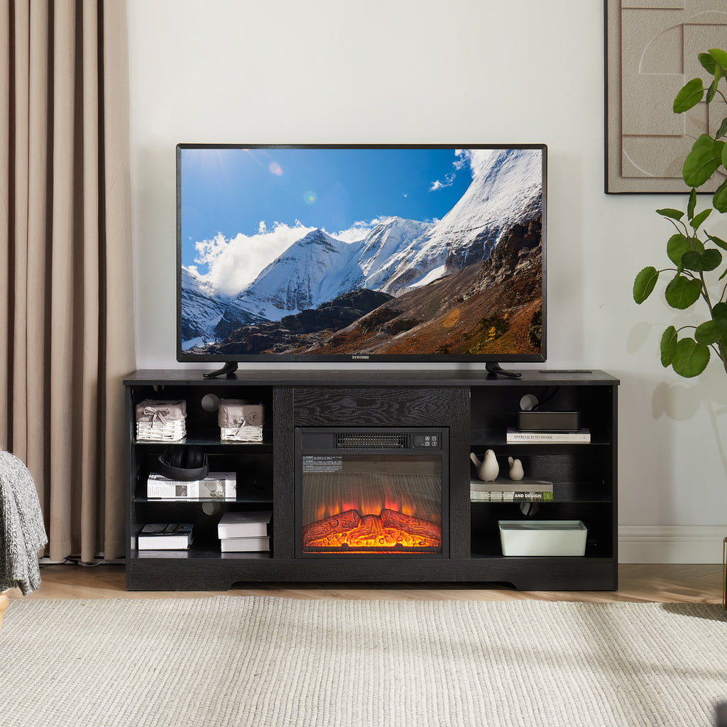 Leoglint TV Stand Electric Fireplace TV Stand with Glass Shelves, 3D Fireplace TV Stand with LED Lights Wood with USB Charging Outlet Modern Television Table Center for TV up to 32-62" Black 58''W*15.5''D*24.4