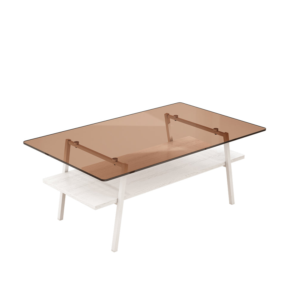 Leoglint Rectangle Coffee Table, Tempered Glass Tabletop with White Metal Legs, Modern Table for Living Room , Brown Glass