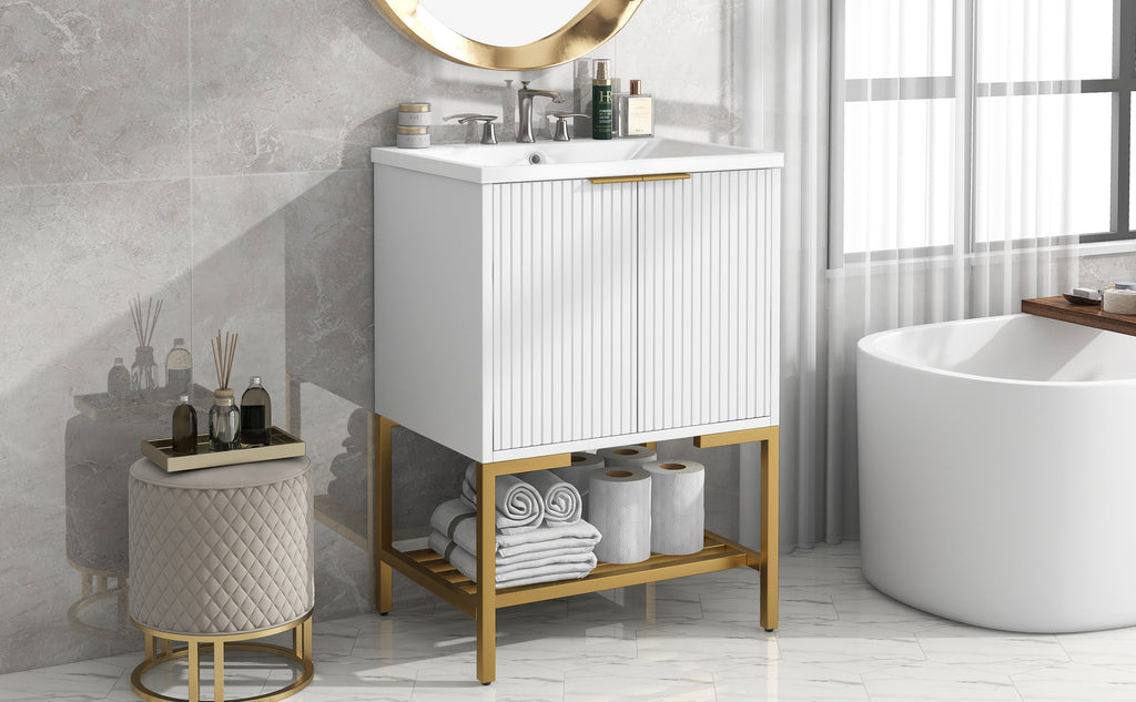 Leoglint 24" Bathroom Vanity with Sink, Bathroom Vanity Cabinet with Two Doors and Gold Metal Frame, Open Storage Shelf, White