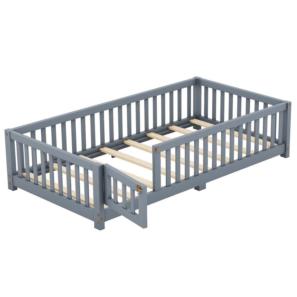 Leoglint Twin Size Bed Floor Bed Frame with Safety Guardrails and Door for Kids, Gray(Old SKU: W158090685)