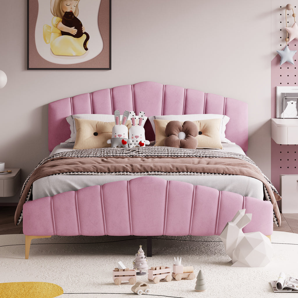 Queen Size Velvet Platform Bed Frame with Thick Fabric, Stylish Stripe Decorated Bedboard and Elegant Metal Bed Leg, Pink