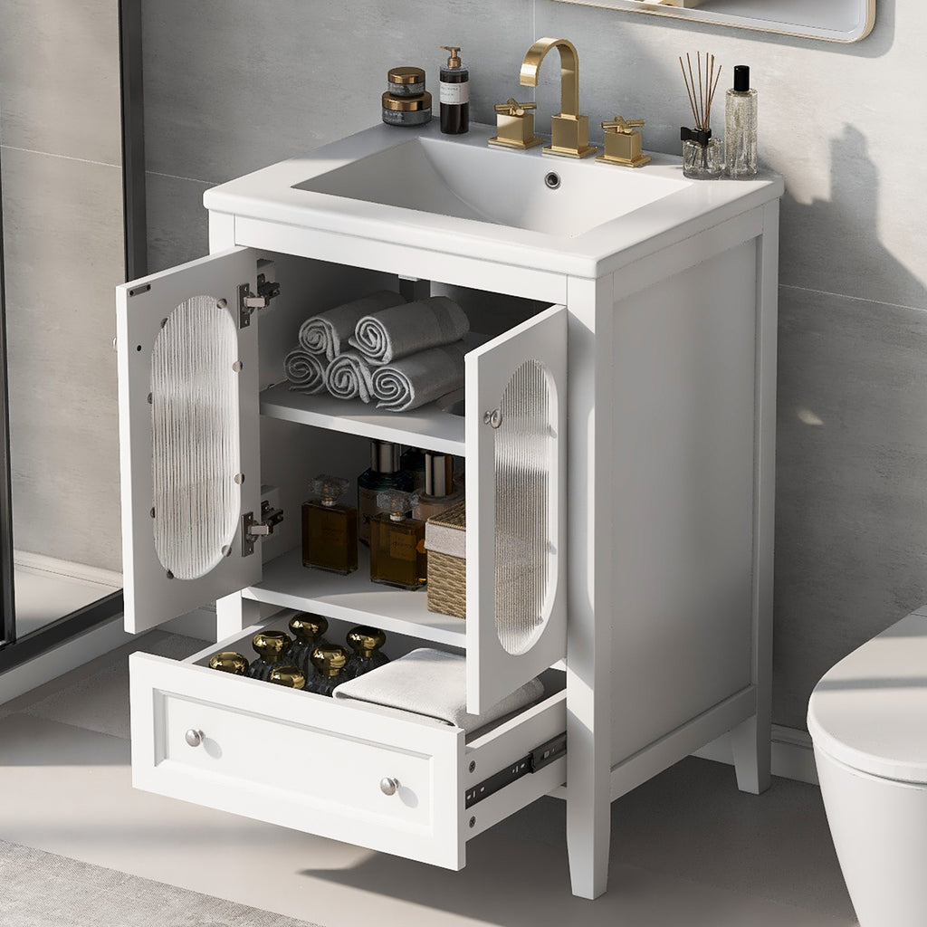 Leoglint 24" Bathroom Vanity with Sink, Bathroom Vanity Cabinet with One Drawer and Doors, Adjustable Shelf, Solid Wood and MDF, White