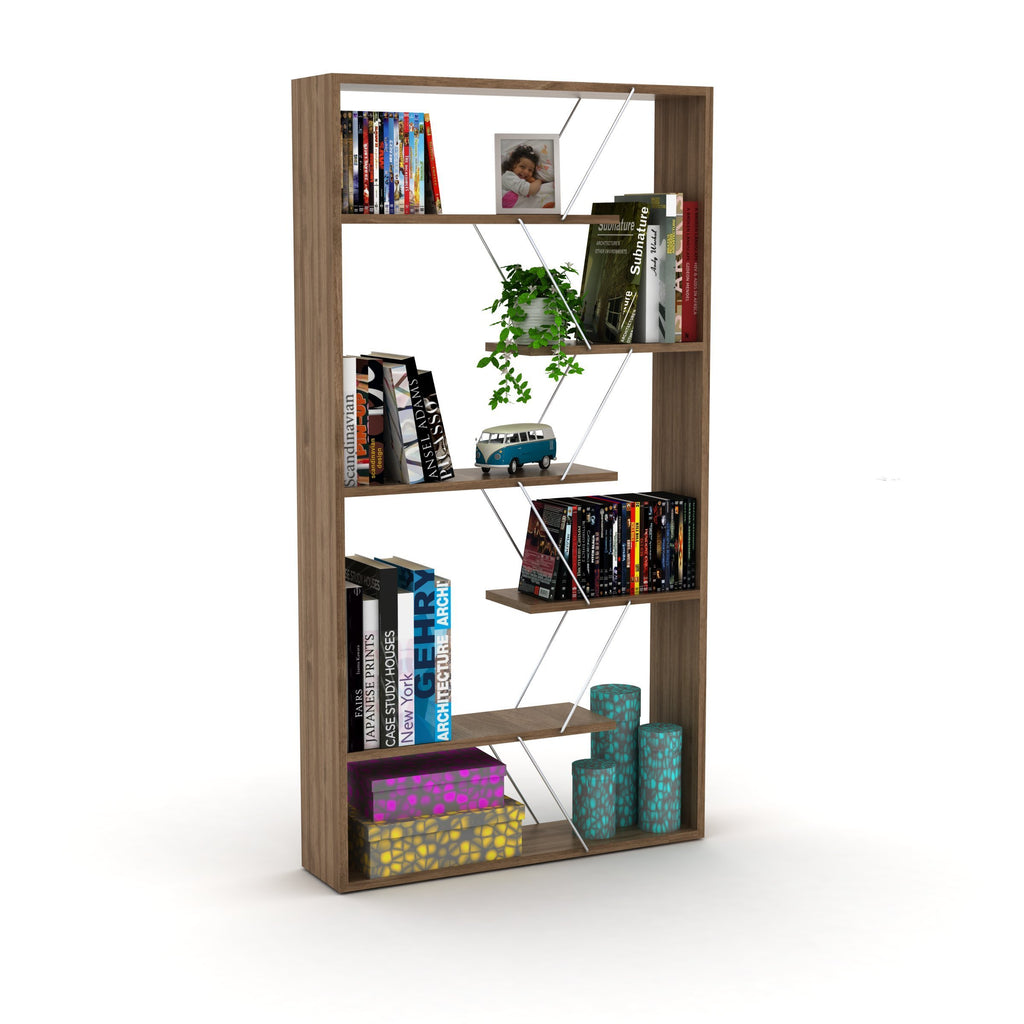 Leoglint Furnish Home Store Wood Frame Etagere Open Back 6 Shelves Bookcase Industrial Bookshelf for Office and Living Rooms Modern Bookcases Large Bookshelf Organizer, Walnut/Chrome