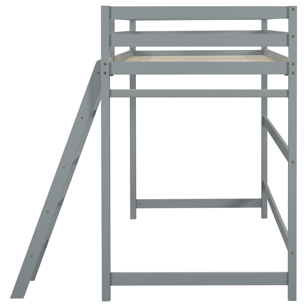 Leoglint Twin Size High Loft Bed Frame with inclined Ladder, Guardrails,Grey